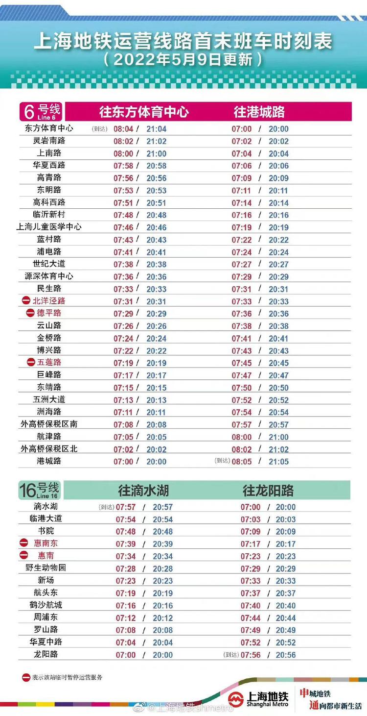 2021上海地铁运营时间表,上海各地铁运营时间表